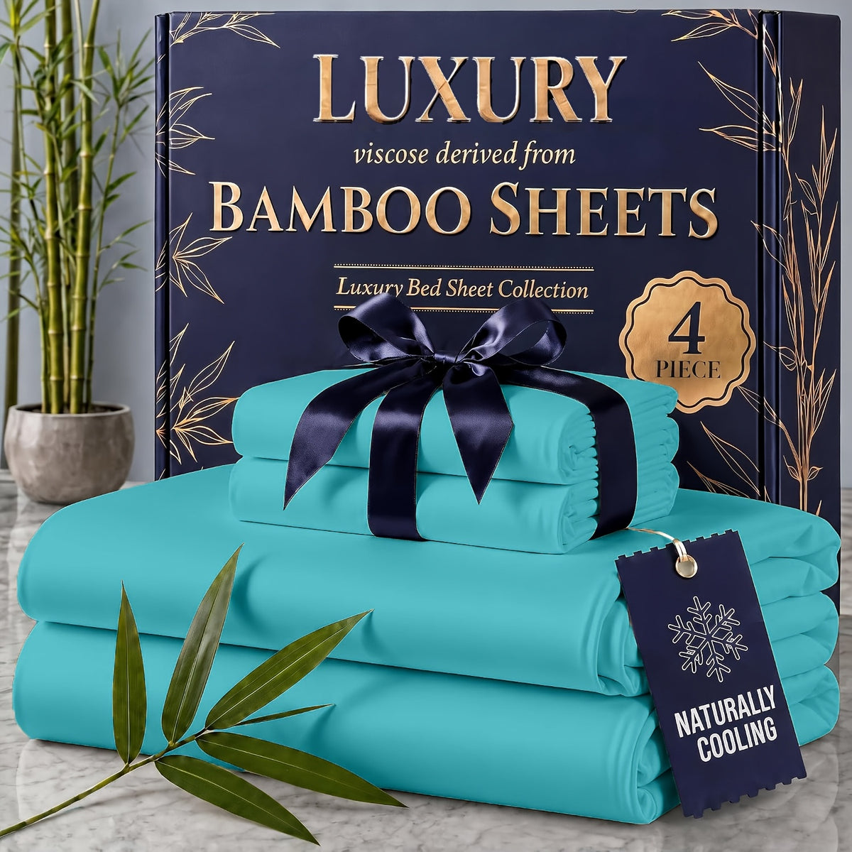4pcs Cooling Bamboo Blend Sheet Set, Breathable Soft Sheets for Hot Sleepers, 14-Inch Deep Pocket, Twin/Full/Queen/King, Kids Room Decor, Christmas Holiday Home Decor