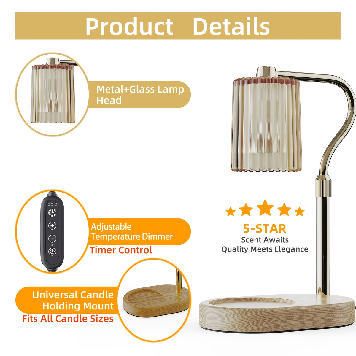 Crystal Lampshade Candle Warmer, Candle Melting Lamp, Lamp with Timer, Height Adjustable, Light Adjustable Heater for Canned Candles, Perfect Birthday Gift for Women, Mother's Day Gift, Suitable for Bedrooms, Living Rooms.No Bulbs Included.