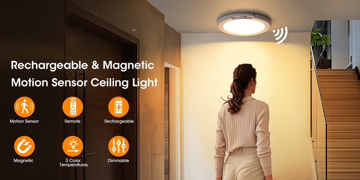 8/6/4/2/1Pack Rechargeable LED Ceiling Light with Motion Sensor, 3 Lighting Options, 10 Brightness Levels Battery Operated Closet Lights, Remote Control Dimmable Timing Motion Shower Lights for Living Bathroom Pantry Hallway Porch(3000K/4500K/6500K)