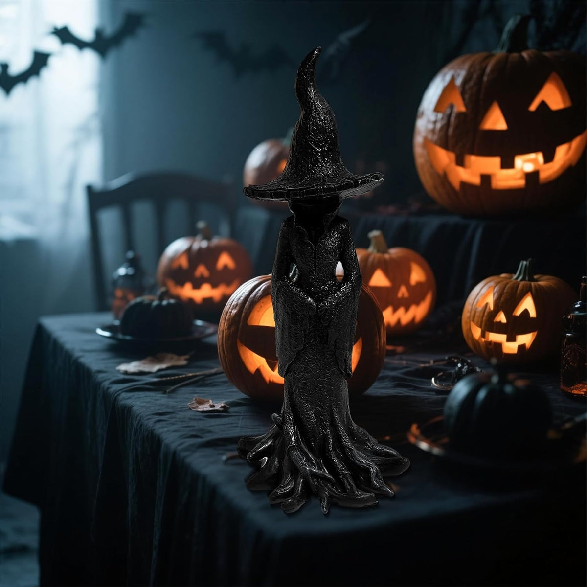 12 Inches 8 Inches Gothic Witch Statue - Hand-Painted Style Plastic Tabletop Decor with Black & Golden Gothic Design, Intricate Witch Figure with Pointed Hat & Expressive Eyes Year-Round Spooky Home Accent for Witch-Themed Parties & Gothic Home Decor