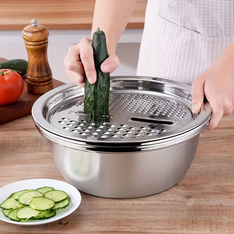 Set of 3 Stainless Steel Kitchen Tools Featuring a Built-In Grinder, Versatile Filter, And Mixing Bowl - Perfect for Washing And Slicing Fruits, Vegetables, And Cheese. Ensures Food Safety with a Drainage System