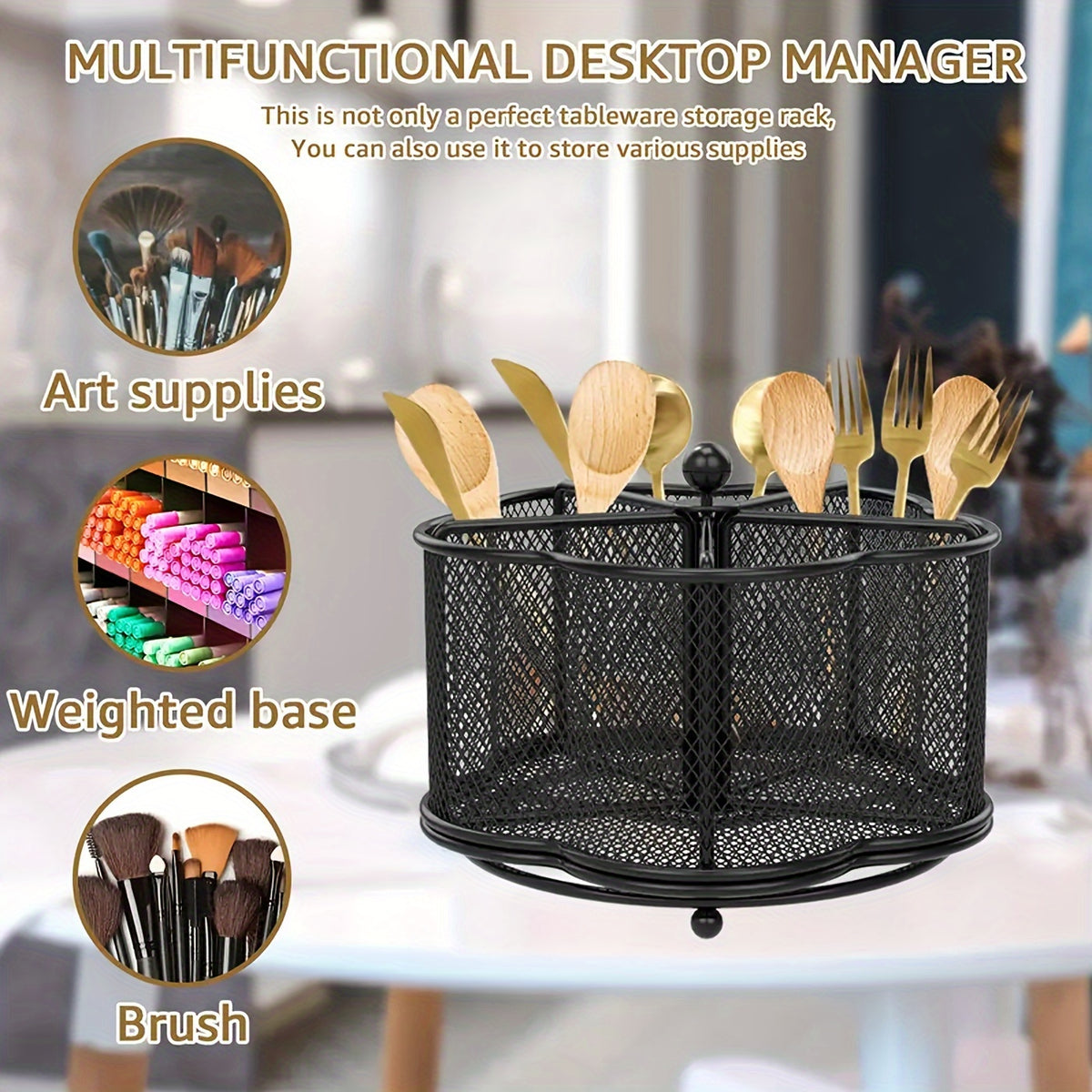 1pc Metal Kitchen Utensil Holder, 360° Rotating Utensil Holder, Utensil Finishing Organizer with 5 Compartments, Rotatable Cutlery Holder for Kitchen Dining Tables Utensil