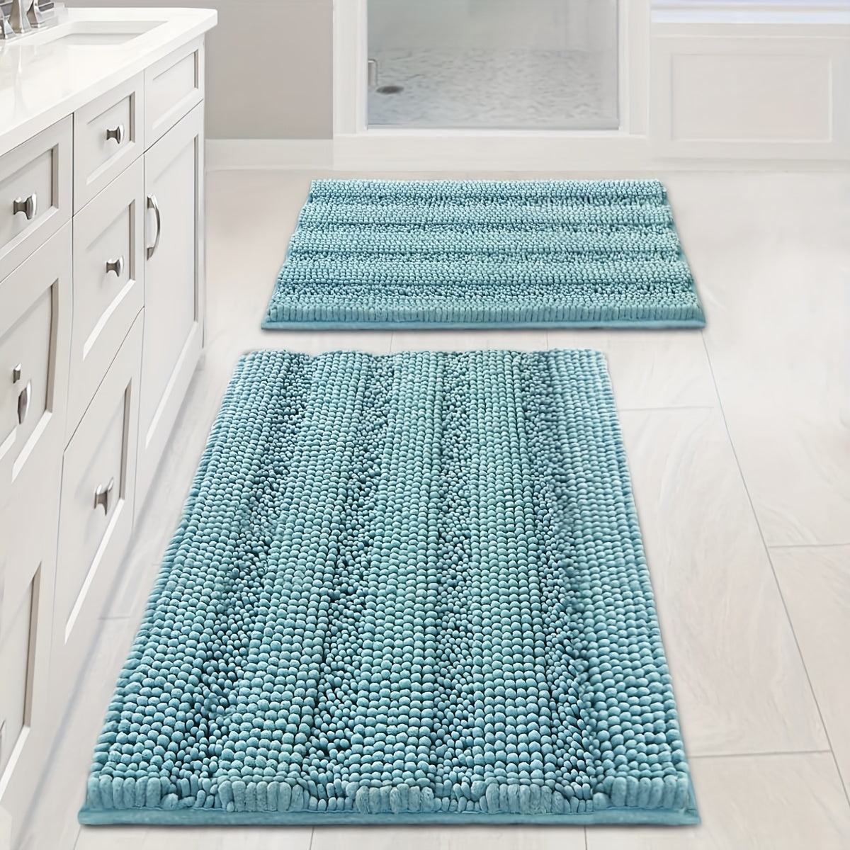 AIERJIA Bathroom Rugs, Set of 2 Thick Chenille Striped Shaggy Bath Mats for The Bathroom, Non-Slip Mats for Bathroom Flooring (32 X 20 And 24 X 17 Inches)