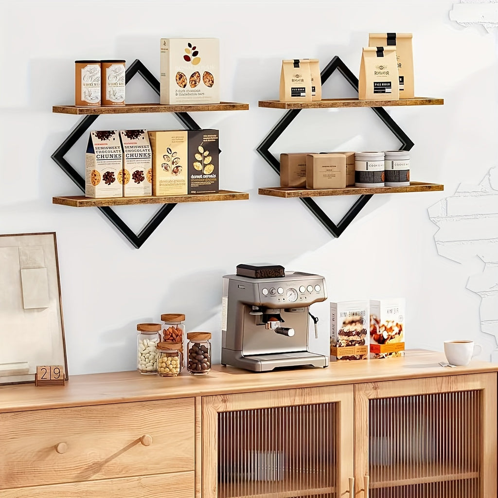 2/4pcs Double Layer Geometric Diamond Wall Floating Shelf Decorative Industrial Hanging Metal Wire Wooden Display Stand, Simple Style Wall Floating Stand, Artistic Style, Suitable for Living Room Kitchen, Floating Shelves