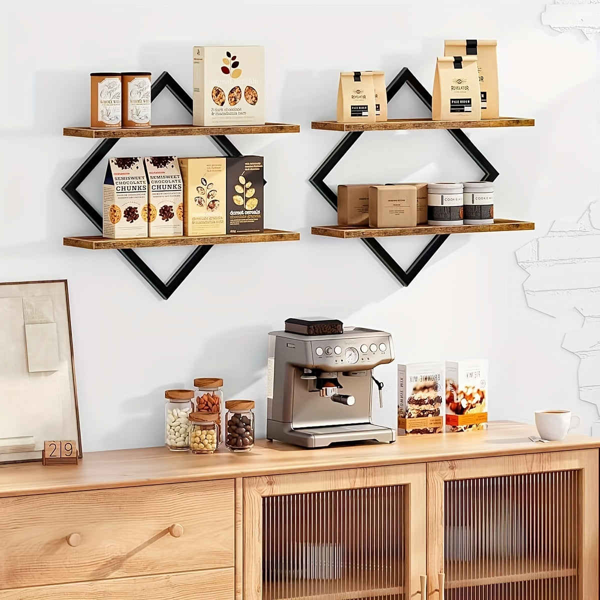 2/4pcs Double Layer Geometric Diamond Wall Floating Shelf Decorative Industrial Hanging Metal Wire Wooden Display Stand, Simple Style Wall Floating Stand, Artistic Style, Suitable for Living Room Kitchen, Floating Shelves