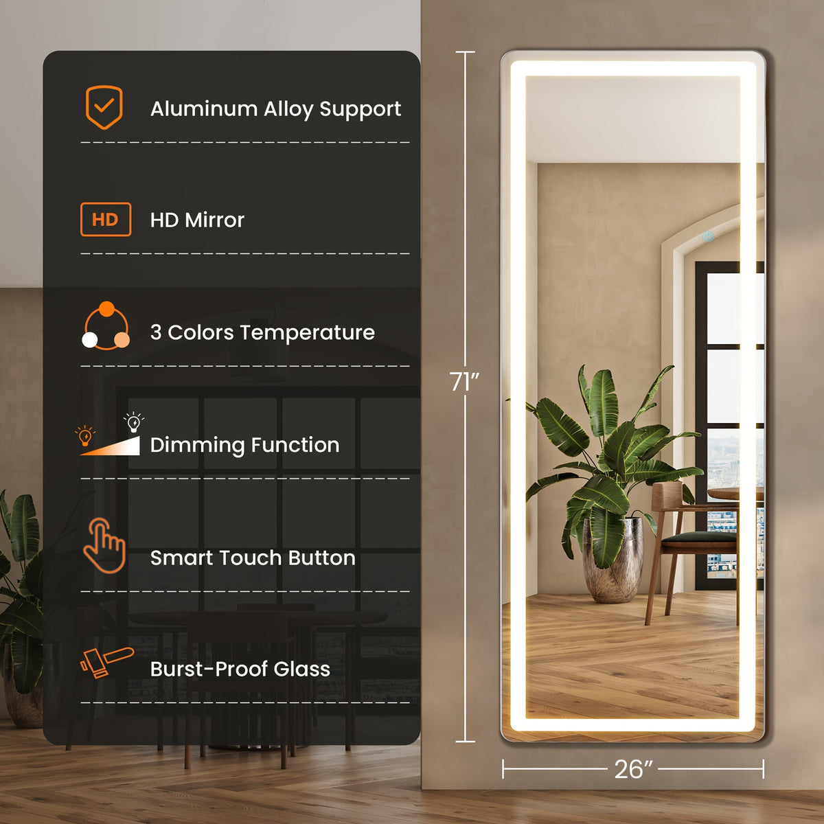 Smart LED Touch Sensor Full-Length Mirror - Adjustable Brightness, Wall-Mount & Freestanding Design with Slim Modern Frame - Ideal for Vanity, Bedroom, Or Dressing Room Lighting