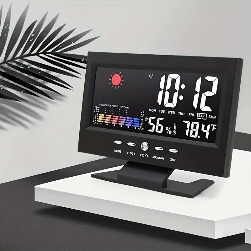 Two Intelligent Weather Stations with Digital Alarms That Monitor Indoor And Outdoor Temperature And Humidity. They Feature a Usb-Powered Desktop Clock with Delay, Adjustable LED Brightness, Automatic Dimming, And a 12/24-Hour Format