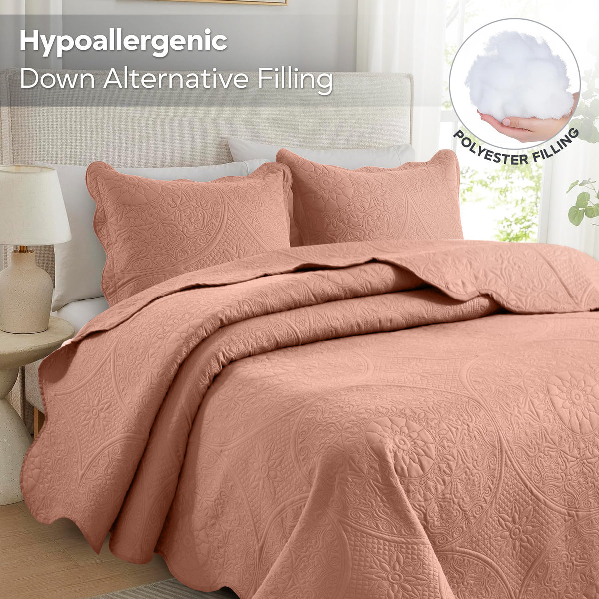 3pcs Luxury Quilted Bedspread Set – Oversize Quilt Coverlet Soft & Cozy Floral Bedspread with Pillow Shams, Breathable Lightweight for Bedroom & Guest Room Decor