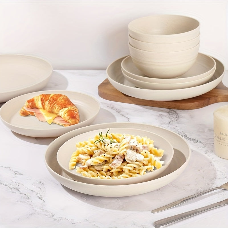 32pcs/16pcs Wheat Straw Large Size Dinnerware Set, Pair with 2 Golden Tableware, Service for 8/4 People, Lightweight Kitchen Additions, Unbreakable Modern Dish Set-Plate/Dessert Plate/Bowl/Cup, Dishwasher And Microwave Safe