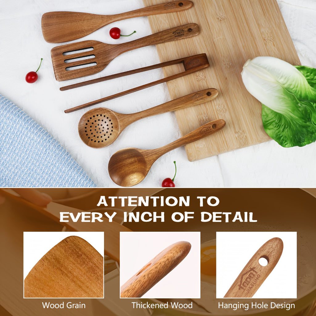 3/5/7Pcs Premium Wooden Kitchen Utensils Kit -Ergonomic Handles Natural Wooden Spoons Spurtle Ladle and Wok Spatulas Heavy-Duty Wooden Utility Set for Non-Stick Pans Heat Resistant Easy to Clean and Durable Kitchen Essentials Cookware Accessories