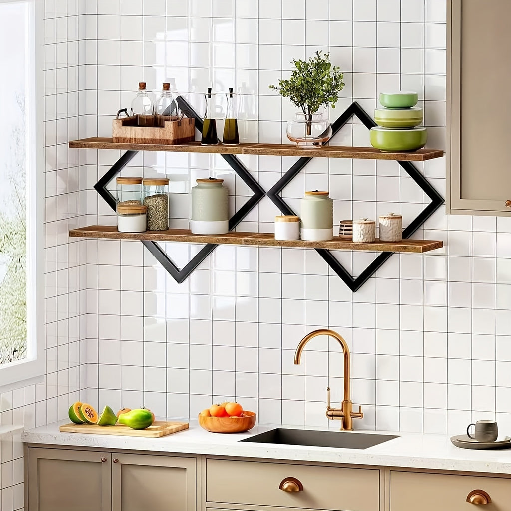 2/4pcs Double Layer Geometric Diamond Wall Floating Shelf Decorative Industrial Hanging Metal Wire Wooden Display Stand, Simple Style Wall Floating Stand, Artistic Style, Suitable for Living Room Kitchen, Floating Shelves
