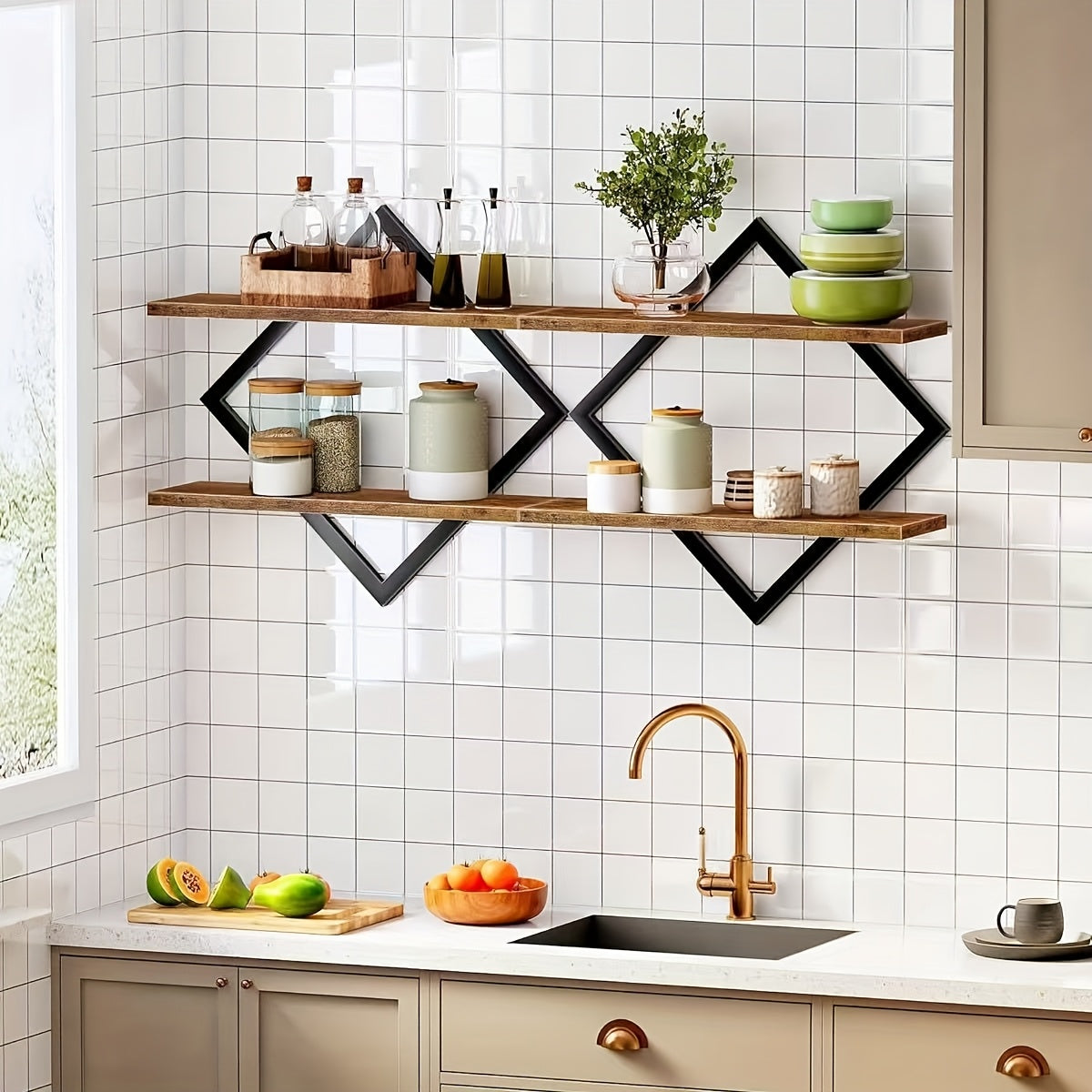 2/4pcs Double Layer Geometric Diamond Wall Floating Shelf Decorative Industrial Hanging Metal Wire Wooden Display Stand, Simple Style Wall Floating Stand, Artistic Style, Suitable for Living Room Kitchen, Floating Shelves