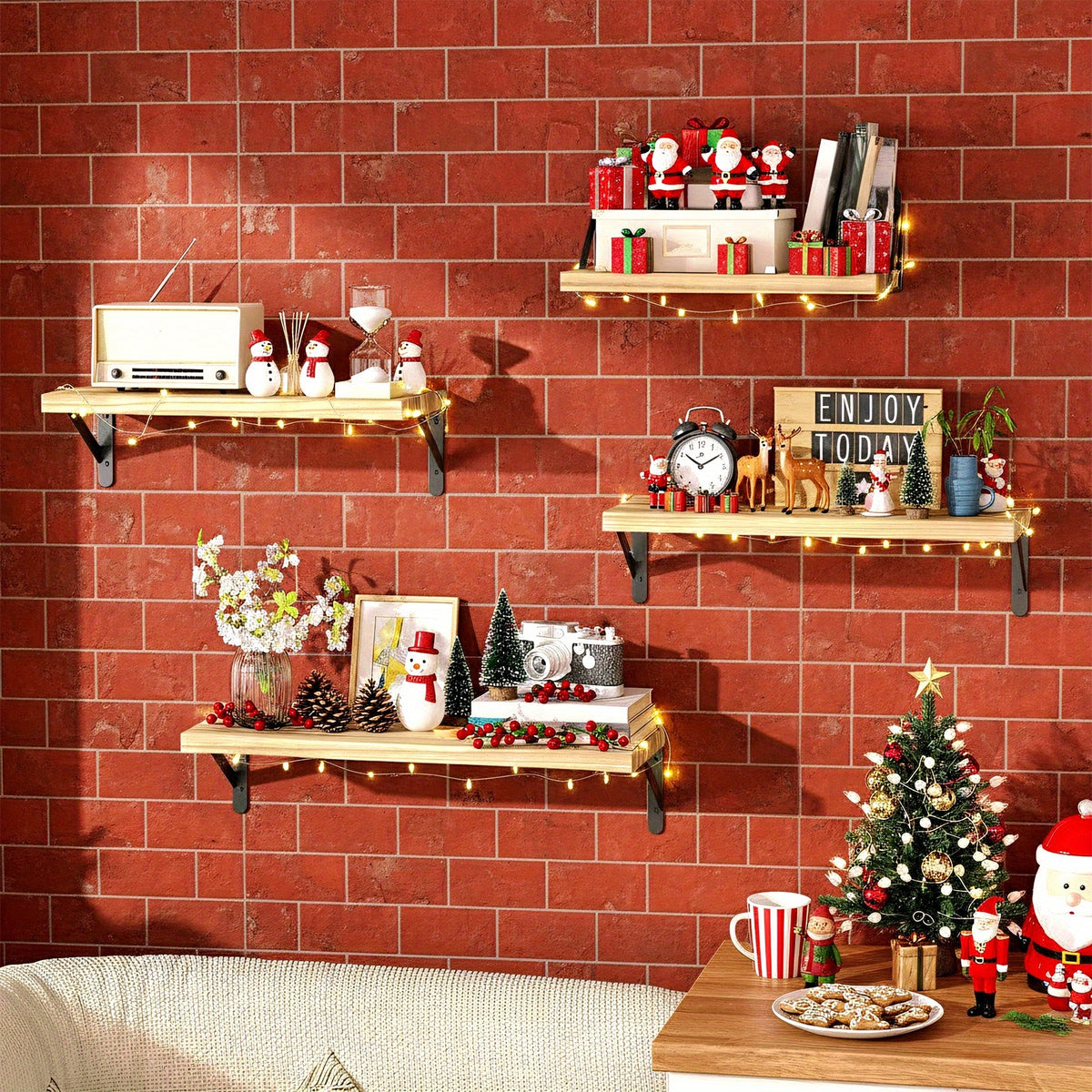Floating Display Shelves, 4-Piece Wall Mounted Storage Set in Wood Color, Walnut Color or Black and White for Bedroom, Bathroom and Living Room Decor
