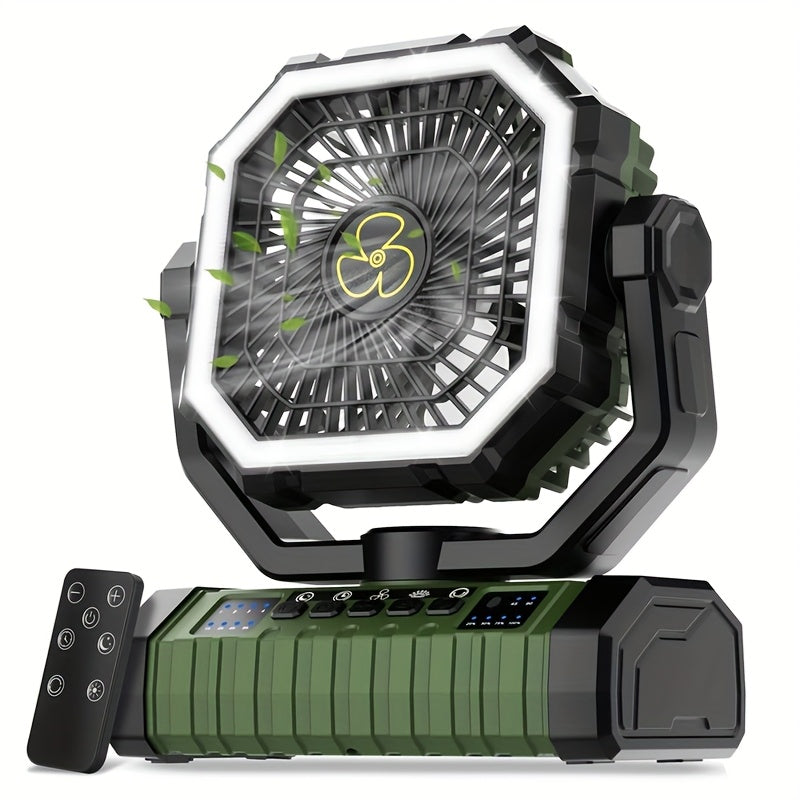 20000Mah Portable LED Camping Fan with Built-In Light, Rechargeable Fan, USB Rechargeable Outdoor Fan for Tents, Hiking, Fishing - Rugged Compact Design, Green And Orange, Hiking Essentials, Sturdy Handle Feature, Camping Additions