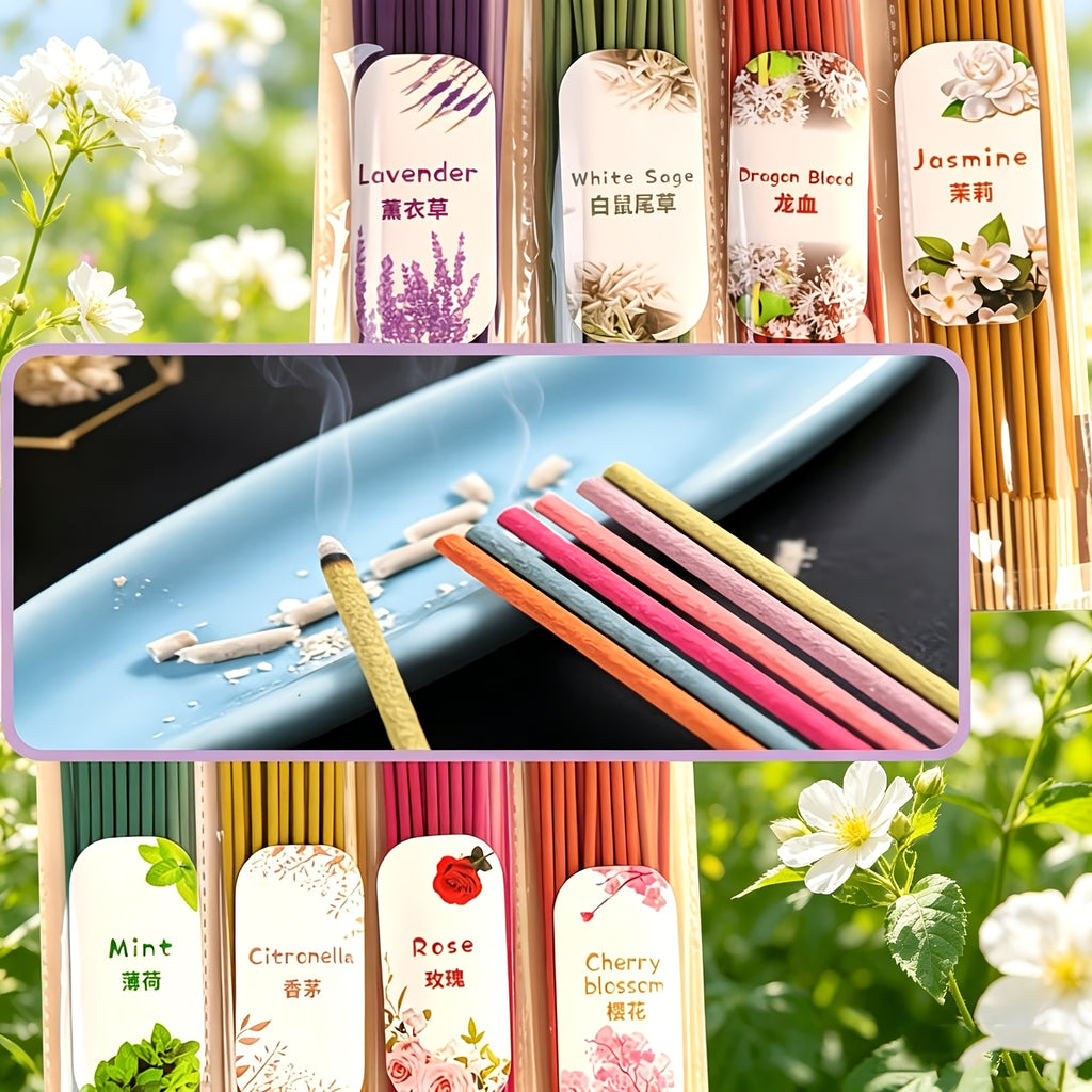 Premium Bamboo Incense Stick Set with Eight Distinctive Fragrances: Sage, Lavender, Pink Cherry Blossom, Mint, Jasmine, Dragon'S Blood, Rose, And Lemongrass. 23 Sticks for Each Scent, Perfect for Creating an Elegant Indoor Atmosphere