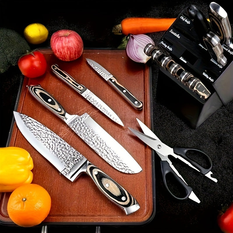 Kitchen Knife Set, 15pcs Knife Set With Block Wooden, Self Sharpening For Chef Knife Set, Medium Carbon Stainless Steel Hammered Knife Block Set With Steak Knives, Knives For Men, Boxed Knife Sets For Kitchen, For Family Gift, Local Warehouse
