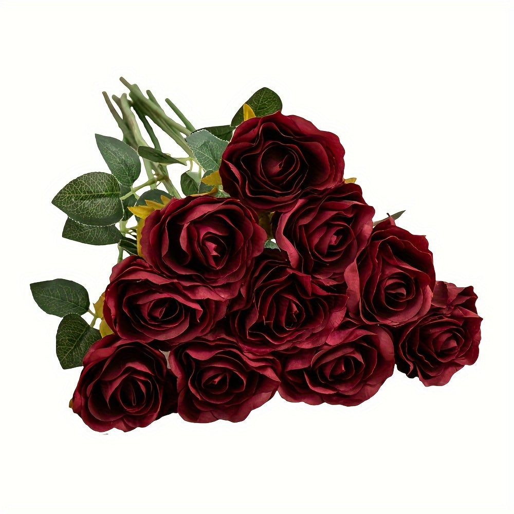 10pcs Artificial Velvet Rose Burgundy Red Flowers Fake Roses with Long Stems for Valentine's Day & Wedding Bouquets Centerpieces Bridal Shower Party Decorations