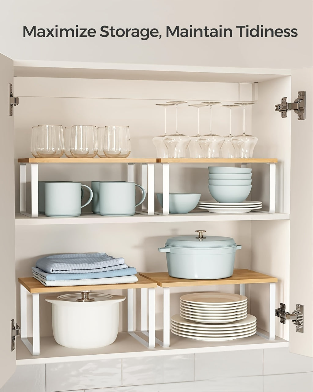 Set of Two Adjustable And Stackable Shelf Organizers - Versatile Wooden Storage Rack for Kitchen Counters, Spices, Bathrooms, And Pantries - a Space-Saving Gift for Home Organization Enthusiasts And Cooking Aficionados