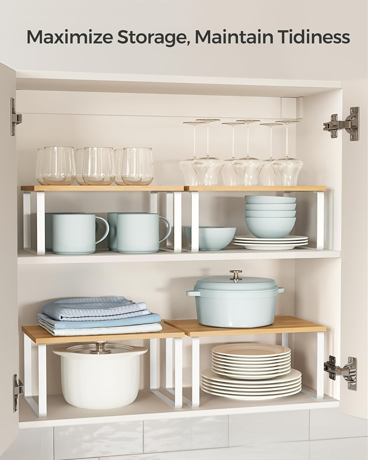 Set of Two Adjustable And Stackable Shelf Organizers - Versatile Wooden Storage Rack for Kitchen Counters, Spices, Bathrooms, And Pantries - a Space-Saving Gift for Home Organization Enthusiasts And Cooking Aficionados