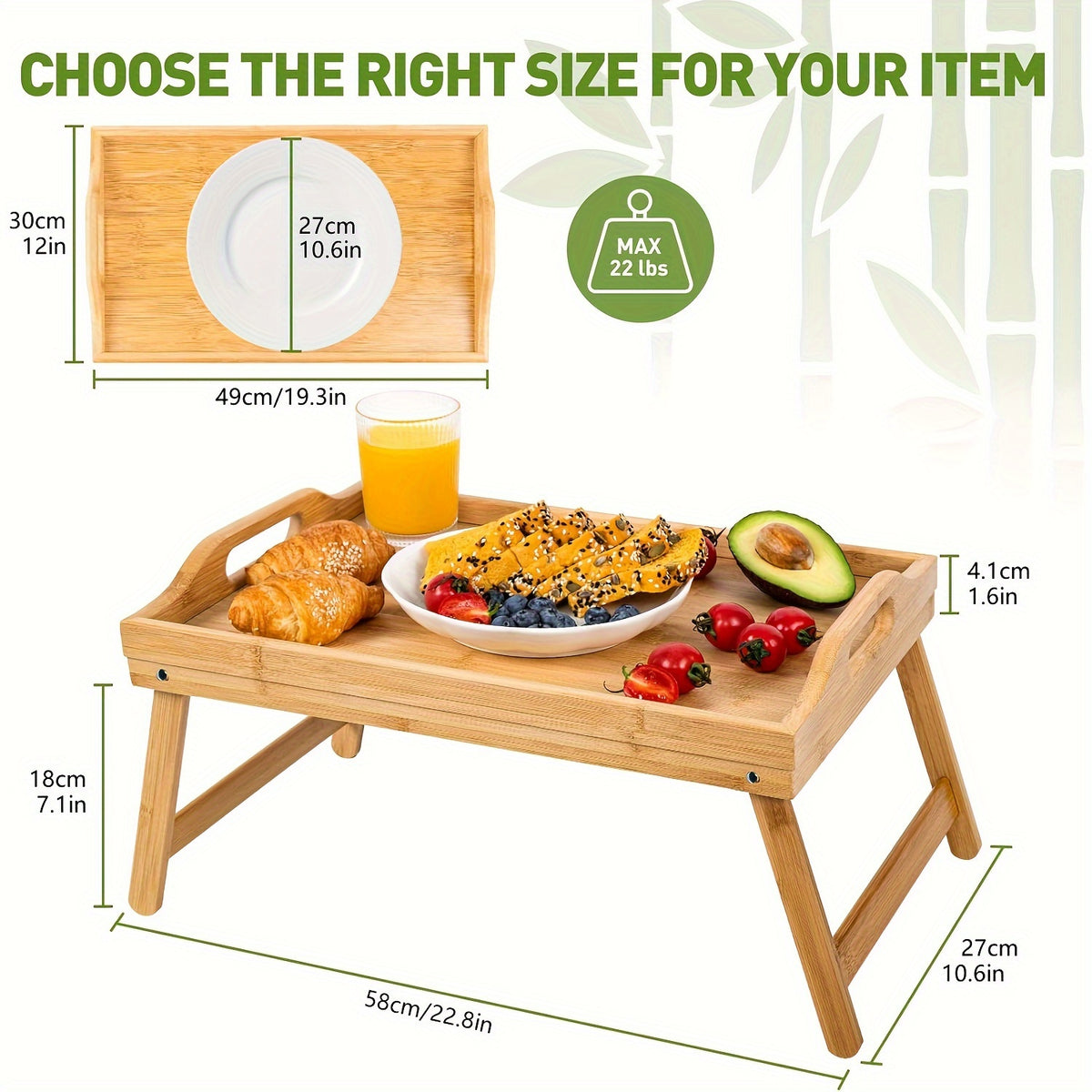 2pcs Bamboo Breakfast Tray with Folding Legs & Handles - Extra Wide Stable Food-Safe Bed Tray Table for Eating, Working, Drawing - Portable Foldable Design for Sofa, Bed, Lazy People, Bedside Table | Natural Look | with 10pcs Paper Plates