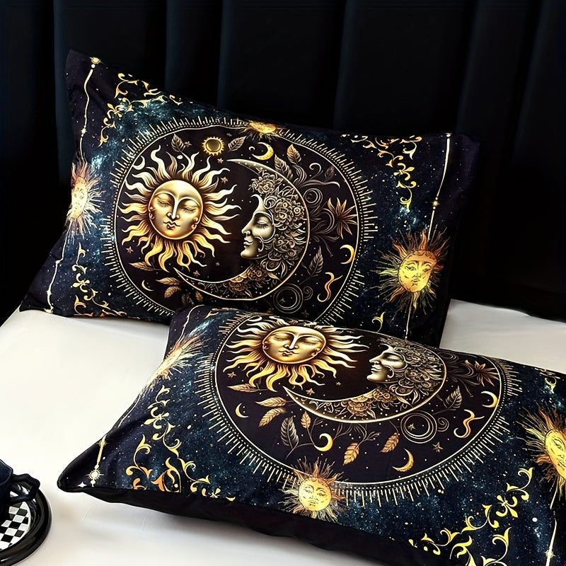 3-Piece Ultra-Soft Breathable Golden Sun Moon Planet Duvet Cover Set (1 Duvet Cover + 2 Pillowcases, Pillow Inserts Not Included), High-Definition Digital Print for Home and Dormitory Use