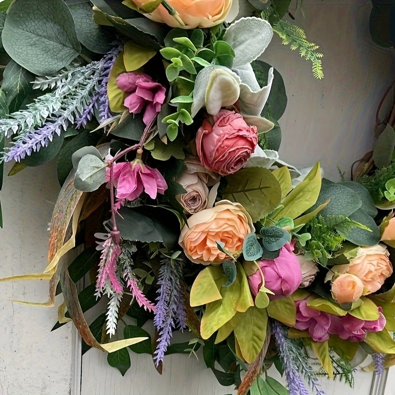 Elegant Peony & Roses Wreath with Pink, Purple, Peach, & Green Foliage - Durable Plastic Farmhouse Door Decoration for Spring Summer Home Decor, Contemporary Floral Wreath with Lush Foliage & Pastel Hues, Easy to Install with Adhesive/Screws, All-Season I