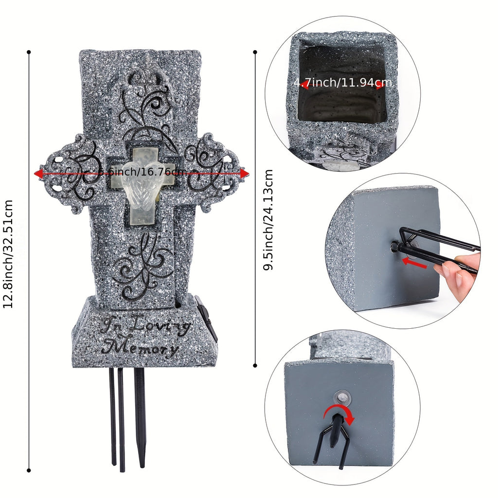 Solar Cemetery Grave Vase with LED for Fresh/Artificial Flowers Headstones Vases with Spikes Gravestone Decor Memorial Gifts for Loss of Loved One