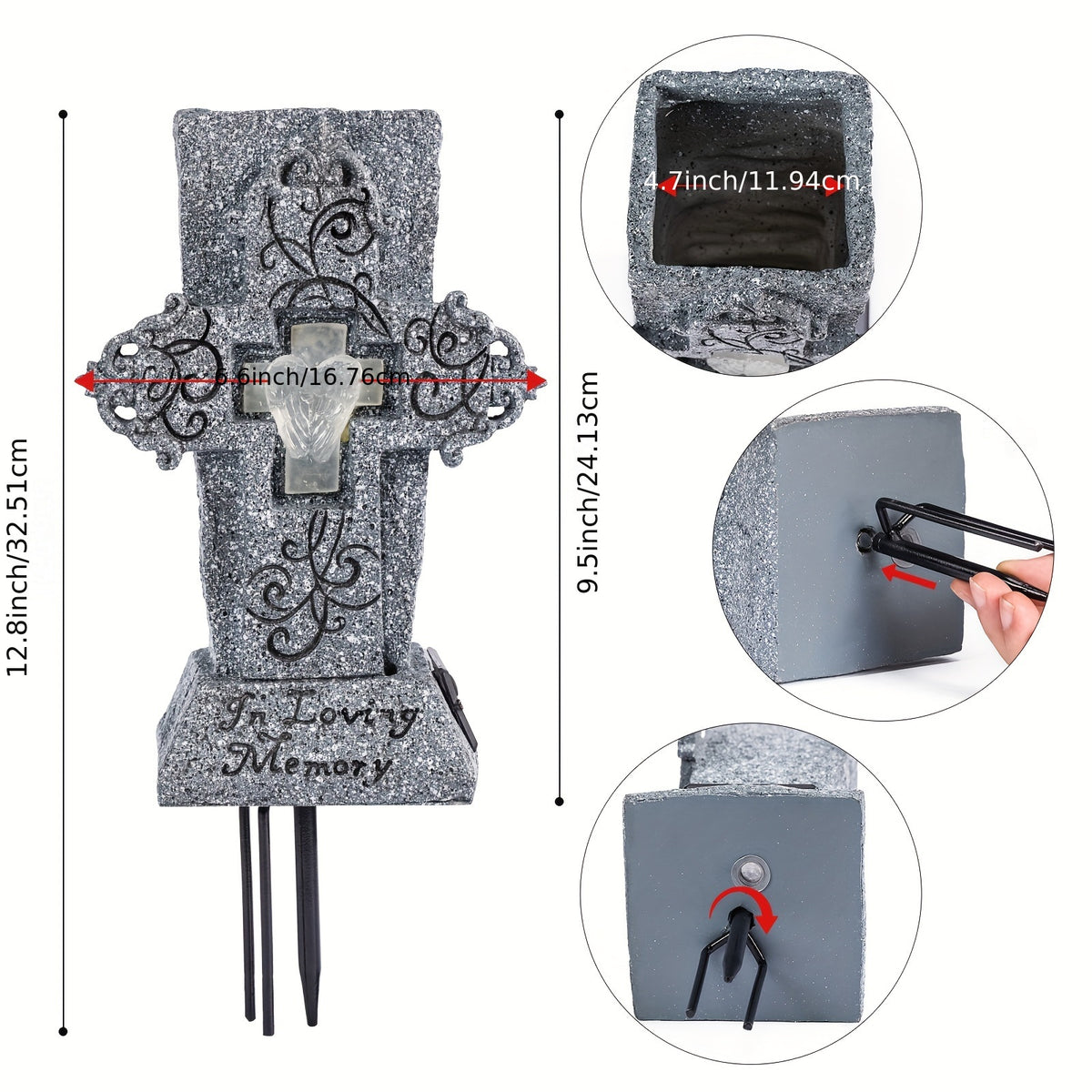Solar Cemetery Grave Vase with LED for Fresh/Artificial Flowers Headstones Vases with Spikes Gravestone Decor Memorial Gifts for Loss of Loved One