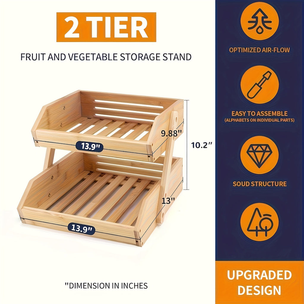 Stackable Bamboo Kitchen Organizer 2 Or 3 Tier Space-Saving Storage Rack for Fruits, Vegetables, Bread & Snacks Multi-Tier Bamboo Storage Basket Compact Stackable Display Tray for Kitchen, Pantry Holds Produce, Bakery & Snacks
