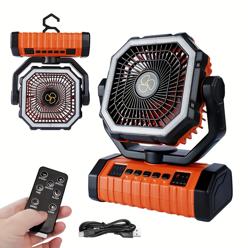 20000Mah Portable LED Camping Fan with Built-In Light, Rechargeable Fan, USB Rechargeable Outdoor Fan for Tents, Hiking, Fishing - Rugged Compact Design, Green And Orange, Hiking Essentials, Sturdy Handle Feature, Camping Additions