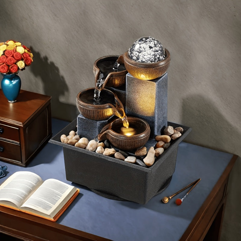 New Desktop Fountain, 4-Level Desktop Waterfall, Meditation Fountain, Indoor Fountain, Office And Home Relaxation, Desktop Fountain Pool, LED Lights, Fixed Decorative Bubble Balls (With Natural River Stone Decoration Included)