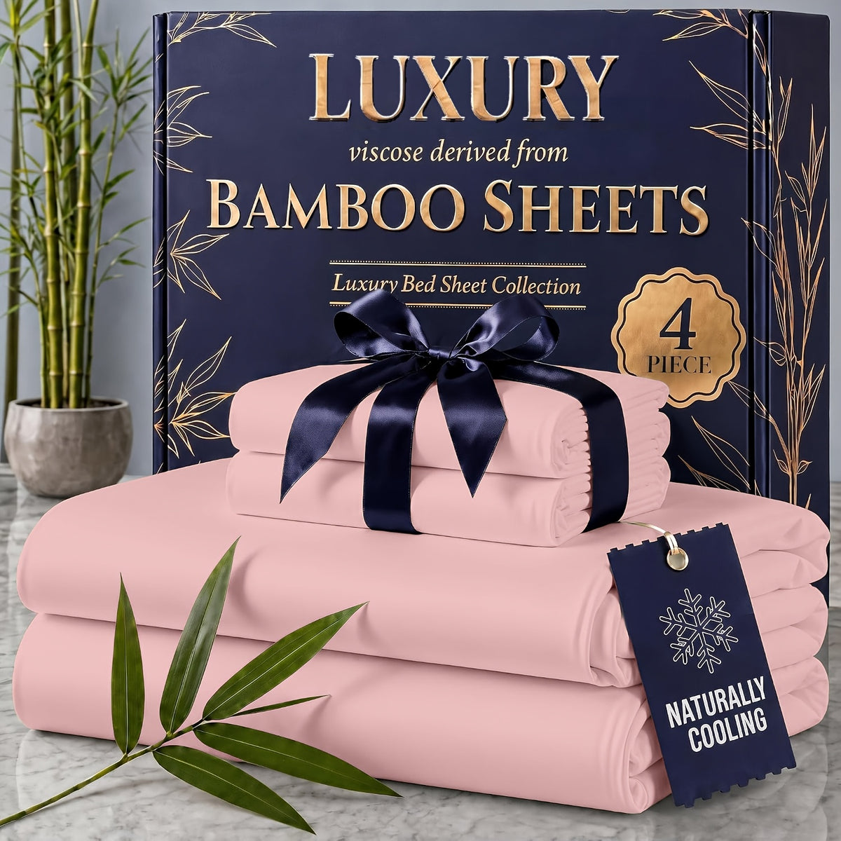 4pcs Cooling Bamboo Blend Sheet Set, Breathable Soft Sheets for Hot Sleepers, 14-Inch Deep Pocket, Twin/Full/Queen/King, Kids Room Decor, Christmas Holiday Home Decor