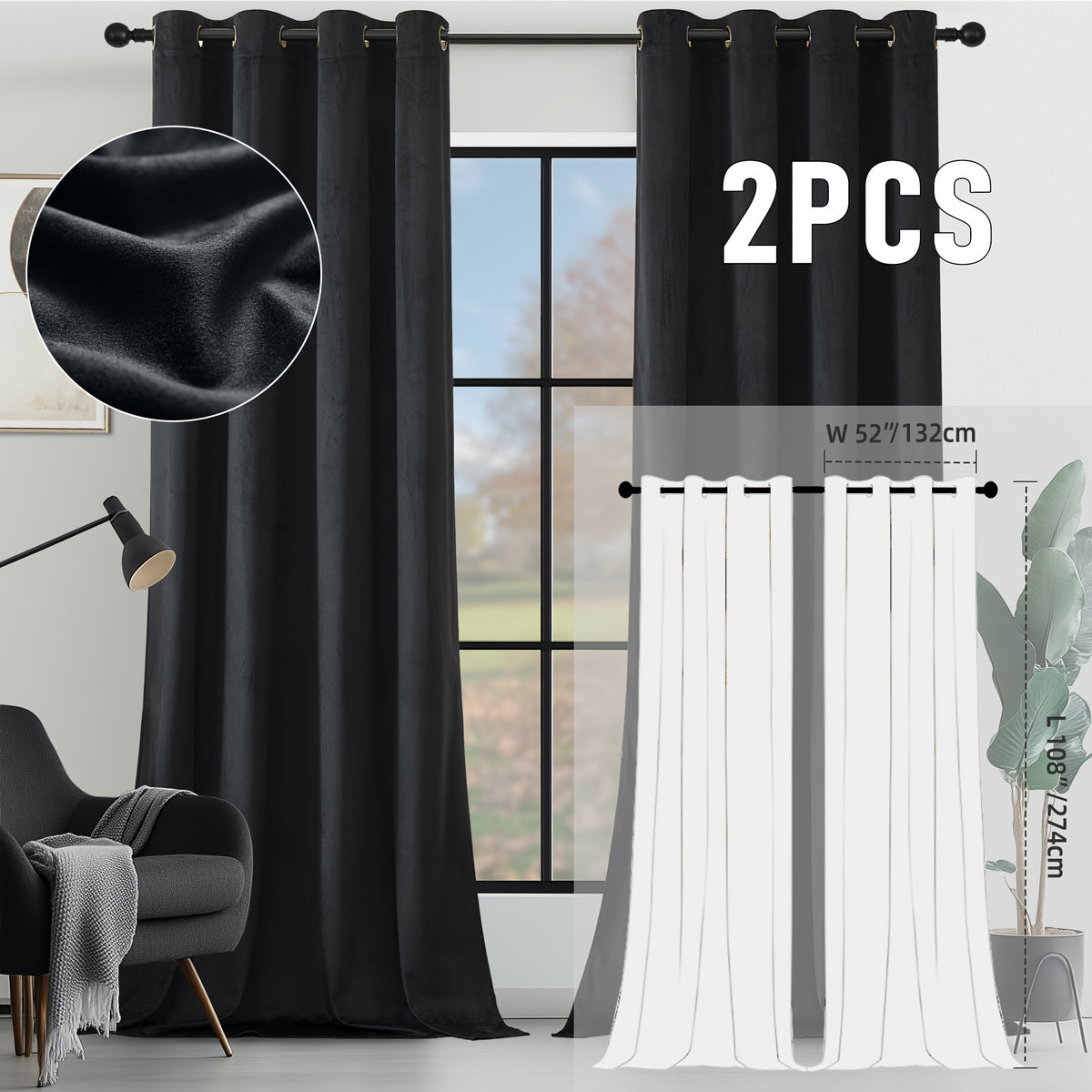 2pcs Velvet Room Darkening Curtains | Vintage Soundproof and Thermal Insulated, Elegant Soft Velvet Grommet Top Curtains for Living Room and Bedroom, Unlined, Solid Color, Fashionable Valentine'S Day Décor