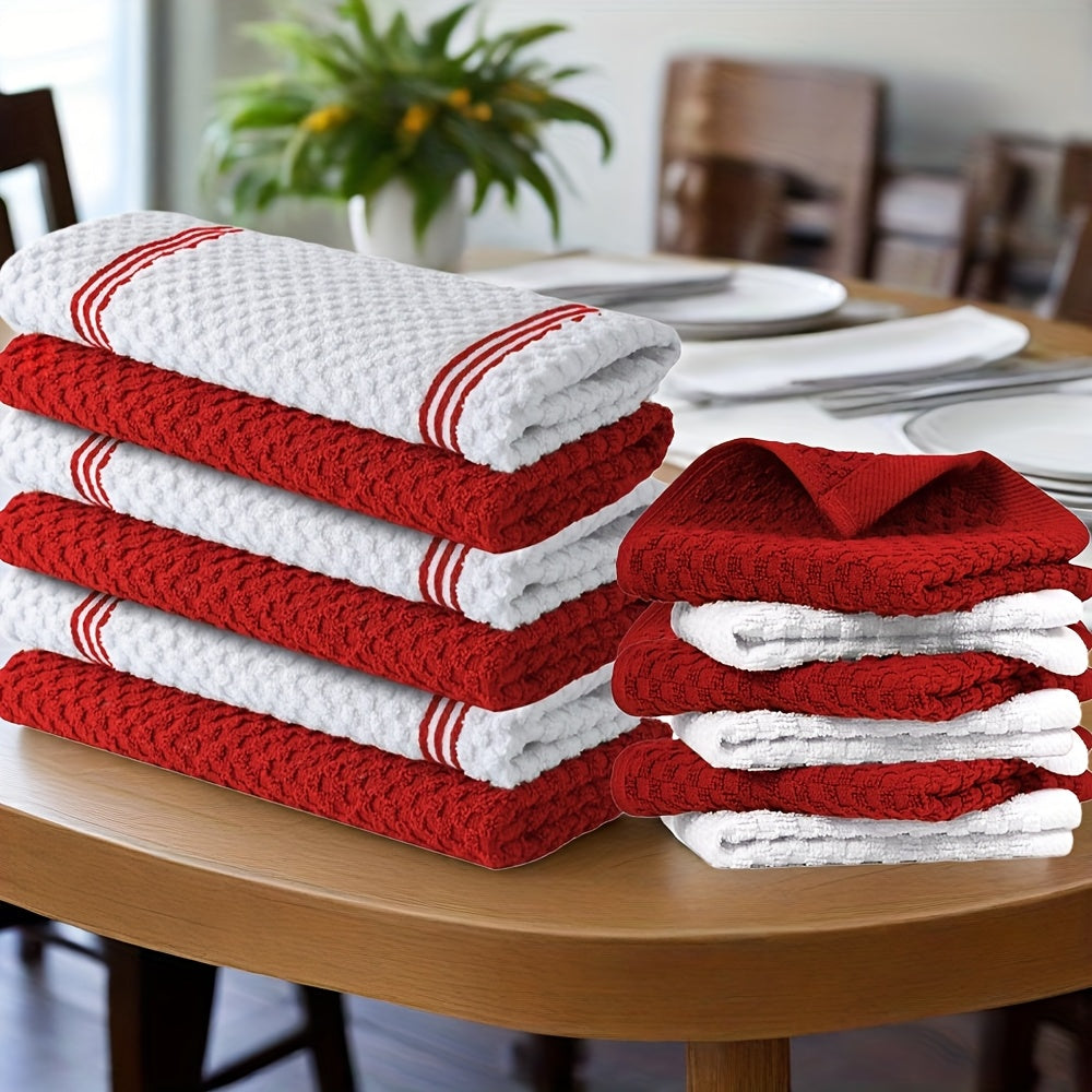 12pcs 100% Cotton Kitchen Towel Set | 6 Hand Towels (15" X 25"), 6 Wash Towels (12" X 12") - Striped Weave, Absorbent & Durable Dish Towels For Cooking, Cleaning & Drying - Perfect For Christmas & Holiday Kitchens