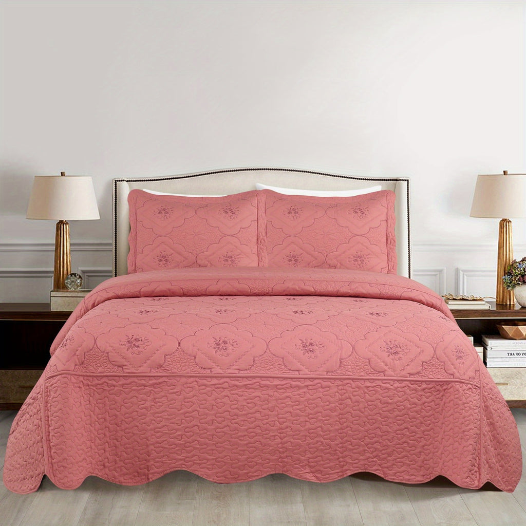 3pcs Exquisitely Crafted King/ Queen Size Quilted Bedspread Set with Intricate Floral Embroidery - 100% Polyester, Wrinkle - Resistant, Lightweight, Perfect for Adding A Touch of Elegance To Your Bedroom Decor