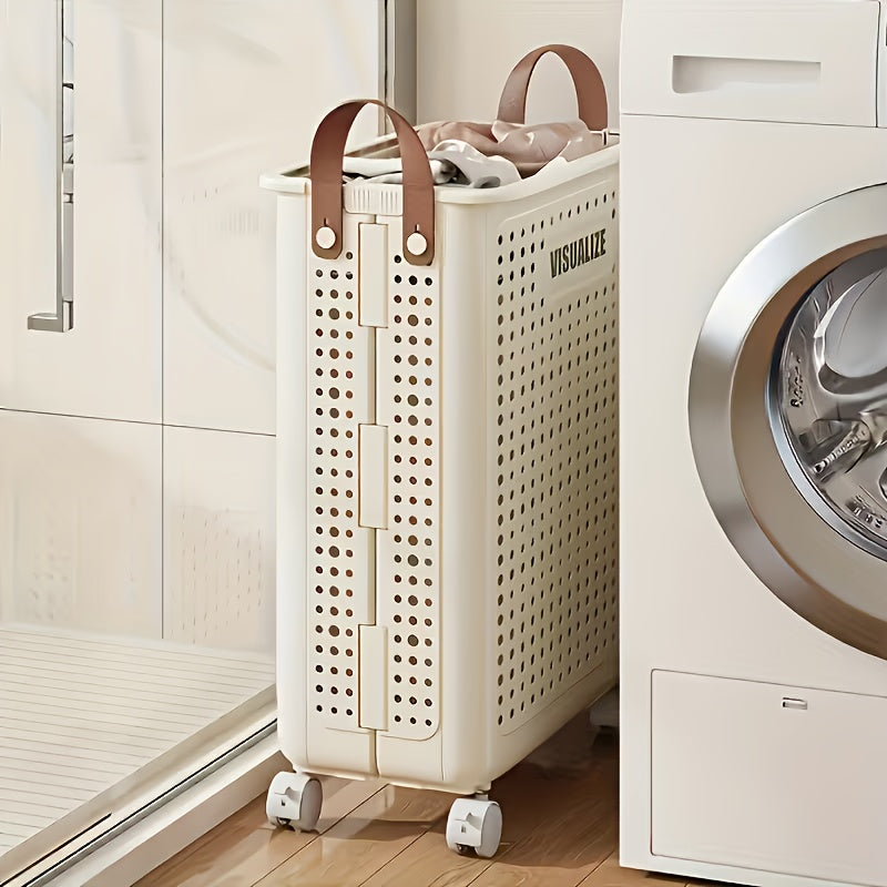 Large Foldable Wheeled Laundry Basket, Plastic Material, Solid Color, Wheeled Laundry Hamper for Small Apartment, Versatile Folding Portable Laundry Basket for Bathroom And Balcony Storage, Laundry Bag, Laundry Room Additions, Laundry Baskets