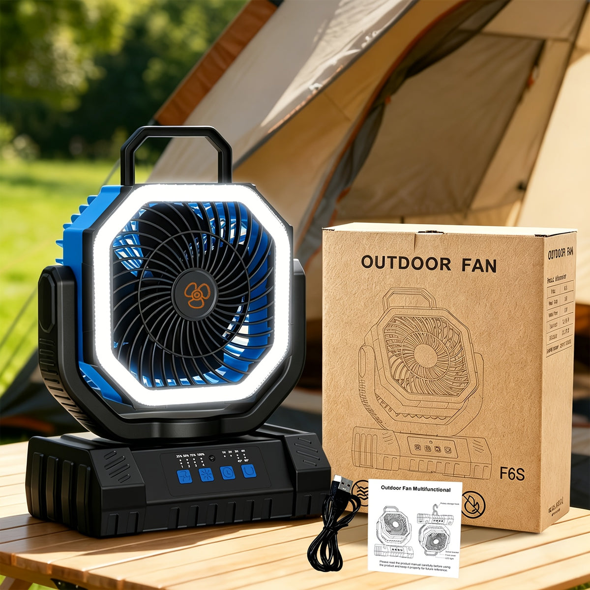 [For Indoor/Outdoor] 3-In-1 Indoor Outdoor Camping Fan Light Power Bank 20000mAh, 4-Speed Wind LED Dimming, Multi-Angle Rotation, Long-Lasting Power For Hiking Tent Office