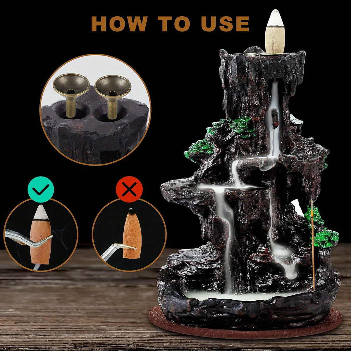 Incense Holder, Backflow Incense Holder 2 Sides Waterfall Incense Burnier with 120 Backflow Incense Cones, 30 Incense Sticks, Aromatcherapy Ornamen for Home