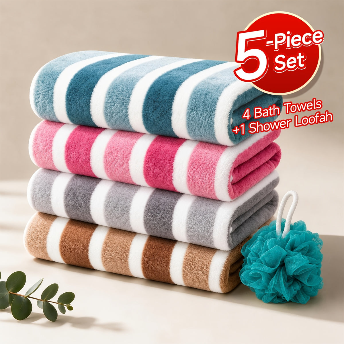 1/4 Or 5pcs Bath Towel Set with Bath Loofah, Highly Absorbent And Quick-Drying | Ultra-Soft Microfiber Beach Towels for Adults, Two-Color Striped Interval Bath Towels Perfect for The Beach, Spa, Gym & Home Bathroom Essentials - 27 X 55 Inches