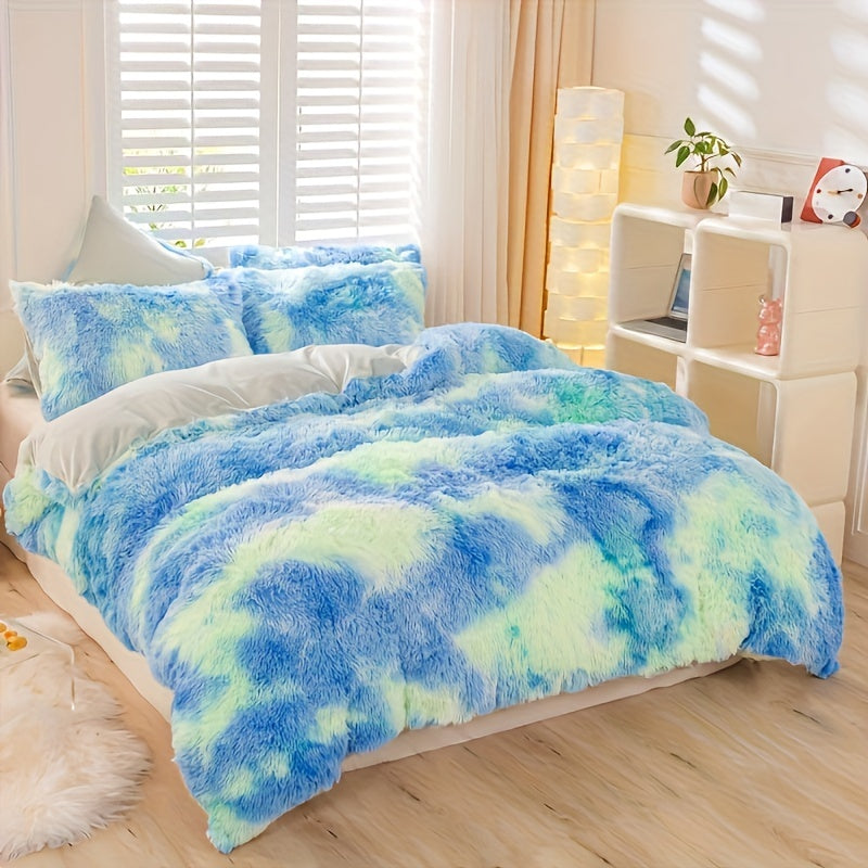Plush Duvet Cover Set with 2 Pillowcases, 3-Piece Zipper Closure Bedding in Solid and Tie Dye Colors for Bedrooms, Guest Rooms and Dorms, No Insert