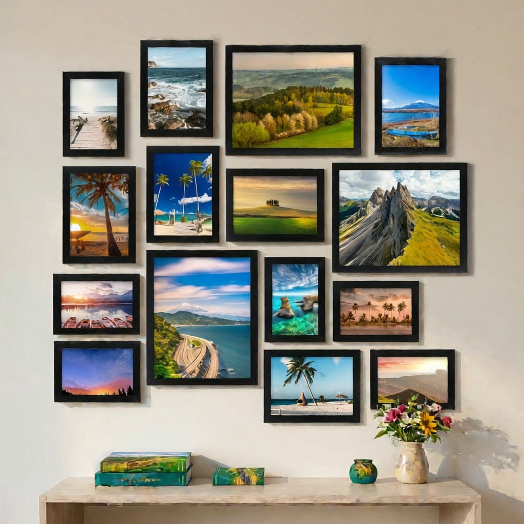 Picture Frames Collage Set of 15, Black Multi-Size Photo Frames in 8x10, 5x7 and 4x6 for Family Gallery Walls and Tabletop Displays