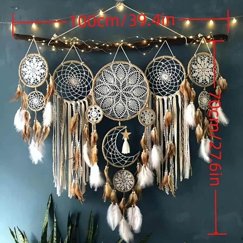 5pcs Large Size Dream Catcher, Handmade Moon Dream Chaser, Beautiful Dream Chaser Wall Decoration Dream Chaser Boho Wall Decoration Moon And Sun Sweet Dream Bed Decoration (camel Color, Not Included, Lamp, Stick), Best for Christmas, Perfect for Thanksgiv