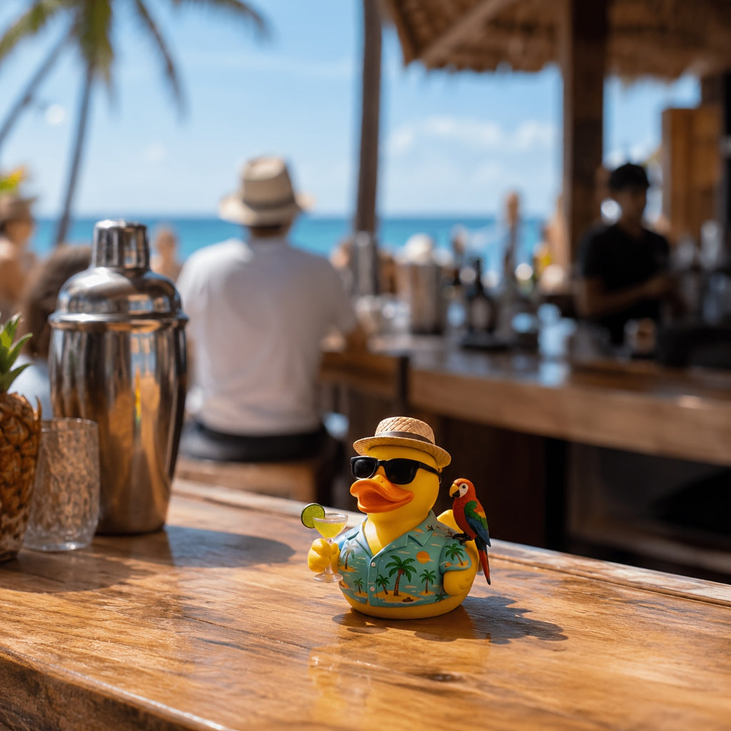 Cocktail Beach Duck, Special Summer Edition. Exquisite Craft Ornament. Perfect for Outdoor Scenes, Pool Parties, Beach Parties, Hawaiian Styles Seaside Vacations. Ideal Decor for Summer-Themed Shoots And Thoughtful Seasonal Gifts