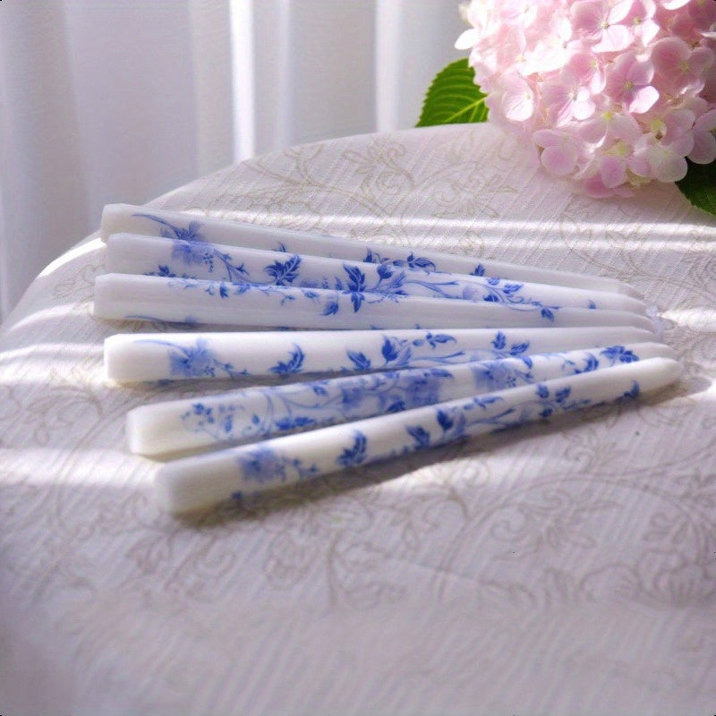 6pcs 10" Blue & White Porcelain Long Taper Candles - Dripless Unscented Soy Wax Candlesticks with Elegant Chinoiserie Design, 8-12 Hour Burn Time for Christmas, Weddings, Halloween, Parties & Home Decor - Luxury Centerpiece Candles for Holiday Dinner Tabl