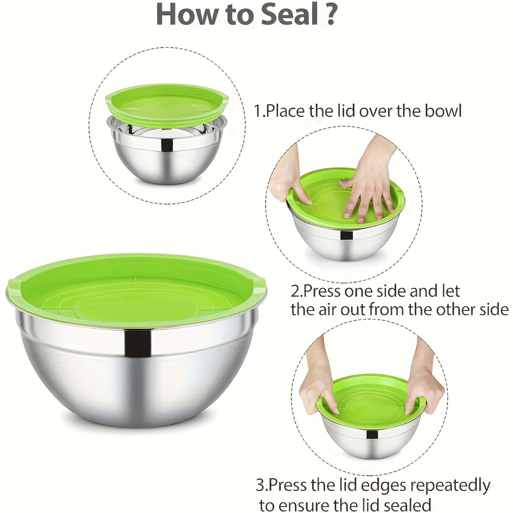 Salad Box A Set of 26 Stainless Steel Mixing Bowl Set with Lids 7 Stainless Steel Mixing Bowls - Includes Grater Attachment, Sealing Lids, Whisk & More, Non-Slip Silicone Base, Dishwasher Safe, Complete Kitchen Kit for Baking, Meal Prep, Holiday Cooking