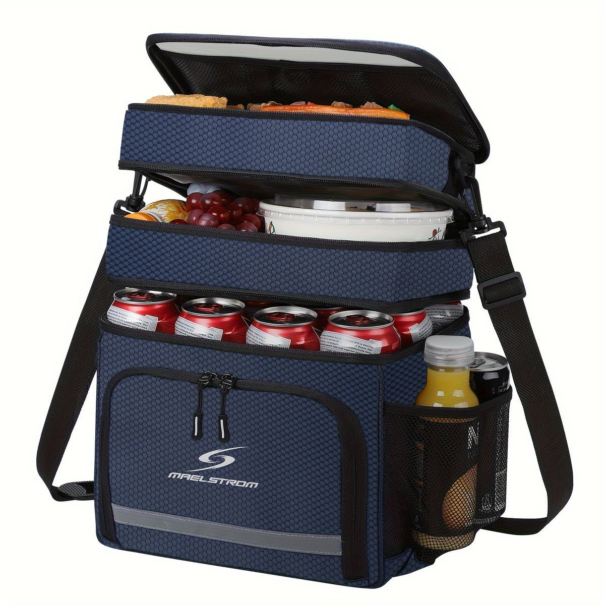 Multi Compartment Insulated Lunch Bag, Double or Three Layer Cooler Tote with Front Pocket and Side Mesh Pockets for Work Meals, Picnics and Travel
