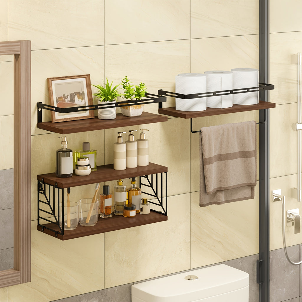 TOMNK 3/4pcs Wall Mounted Floating Storage Rack, Rustic Wood Wall Shelf with Guardrail, Multifunctional Display Unit for Bedroom, Living Room, Bathroom And Kitchen
