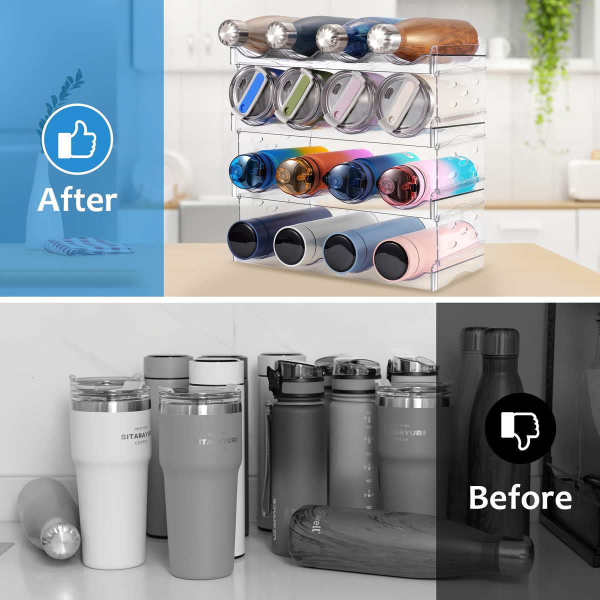 Stackable Water Bottle Organizer, Large Compartment Water Bottle Holder, 4 Tier Clear Water Bottle Organizer for Cabinet, Bottle Rack for Kitchen Organization And Storage - Hold 16 Bottles