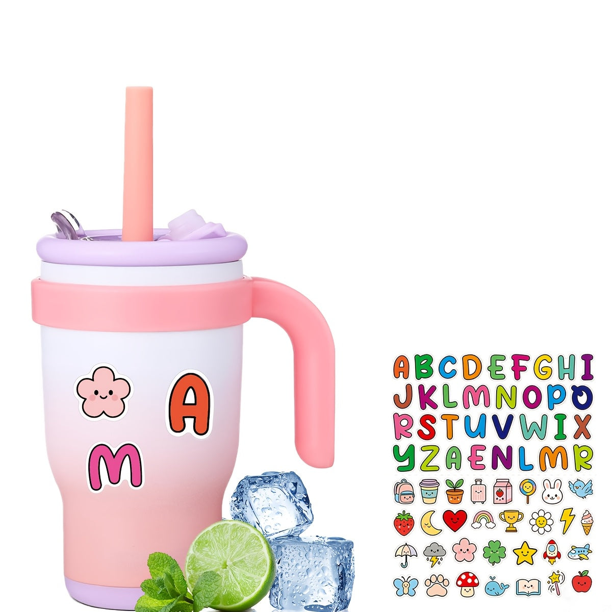 14oz Tumbler with Handle, Insulated Water Bottle with Straw And 2in 1 Lid, Stainless Steel Cup Travel Coffee Mug for Sports Office Gym Kitchen, Free Stickers