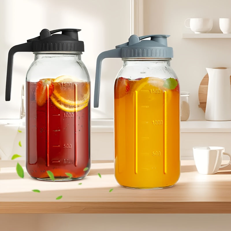 2/3pcs Thickened Glass Water Pitcher, Black/Gray, 64oz Mason Cold Brew Bottle, with Sealed Leak-Proof Lid, Lead-Free Glass Material, Breast Milk Jug, Refrigerator Storage, Coffee, Family Dinner Water Cup (2/3pcs)